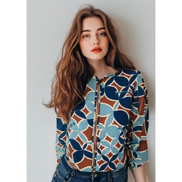 Cotelac Linen Blend Retro Print Jacket Zip Front Lined Crop Blue Size X-Small 4 - Picture 1 of 9